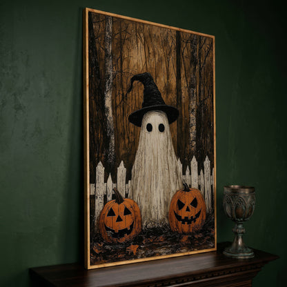 Spooky Ghost and Pumpkins Canvas in white oak floating frame