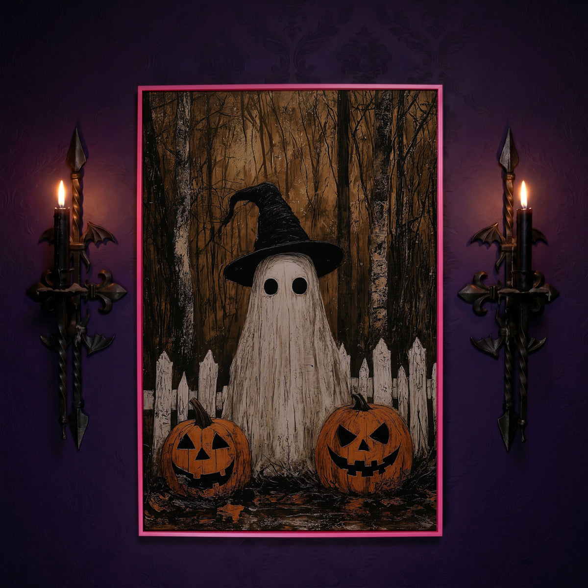Spooky Ghost and Pumpkins Canvas in pink floating frame