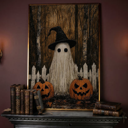 Spooky Ghost and Pumpkins Canvas in rose gold floating frame
