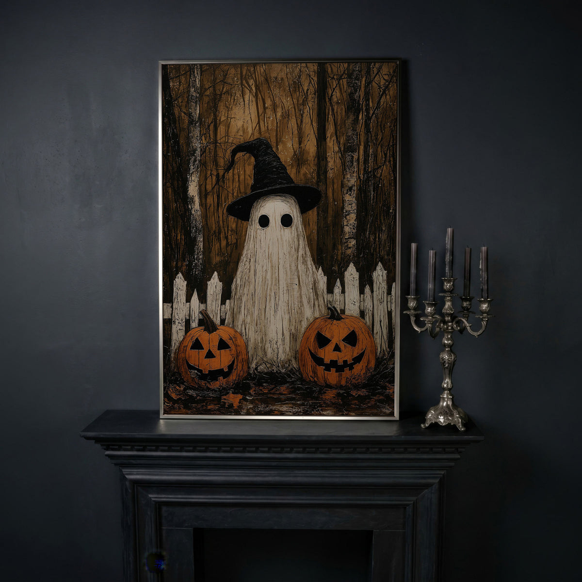 Spooky Ghost and Pumpkins Canvas in silver floating frame