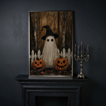Spooky Ghost and Pumpkins Canvas in silver floating frame