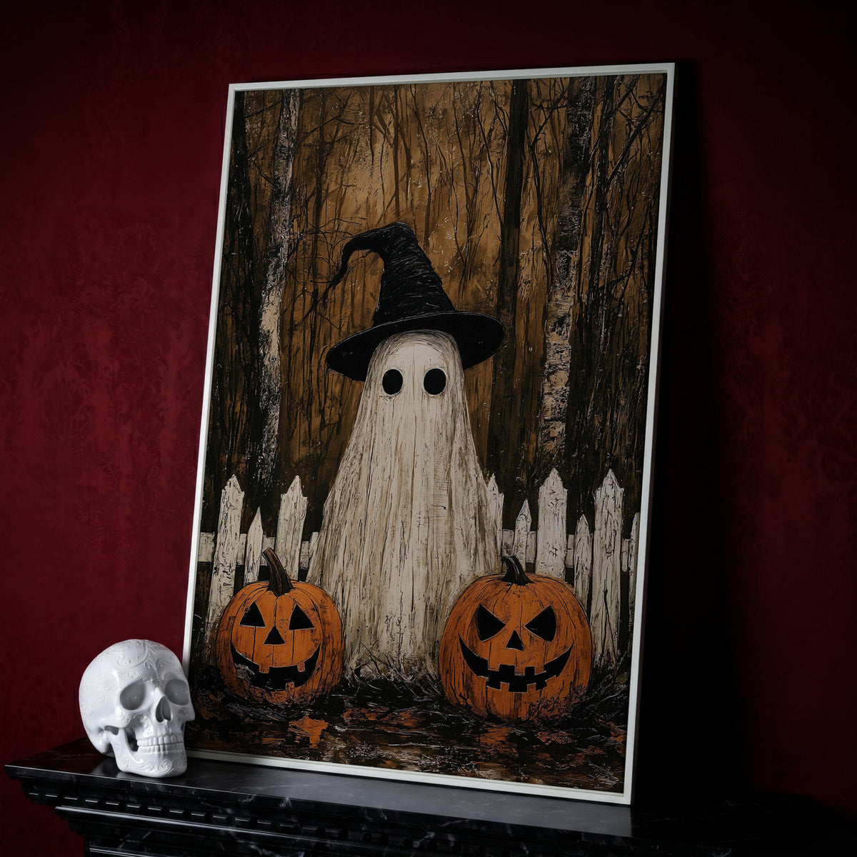Spooky Ghost and Pumpkins Canvas in white floating frame
