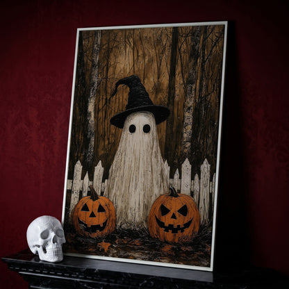 Spooky Ghost and Pumpkins Canvas in white floating frame