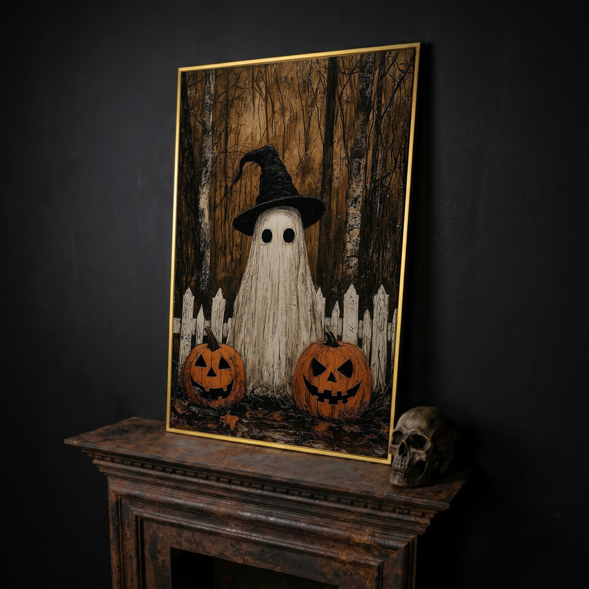 Spooky Ghost and Pumpkins Canvas in yellow gold floating frame