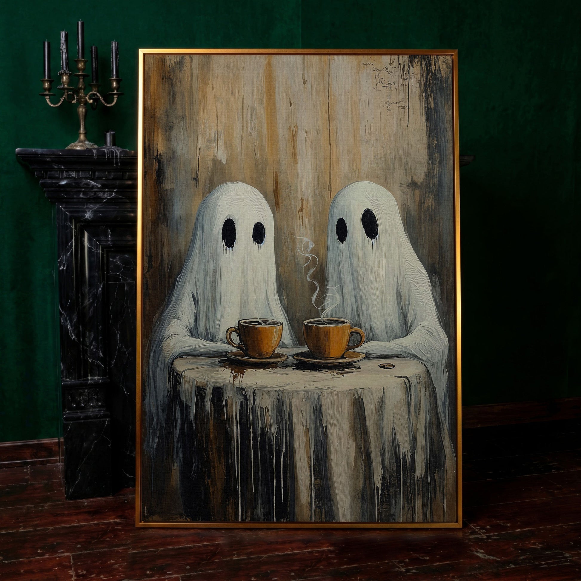 Two Ghosts Having Coffee. Whimsical Halloween Canvas Art in antique gold floating frame