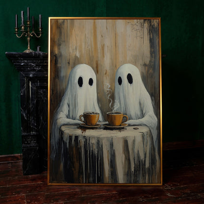 Two Ghosts Having Coffee. Whimsical Halloween Canvas Art in antique gold floating frame