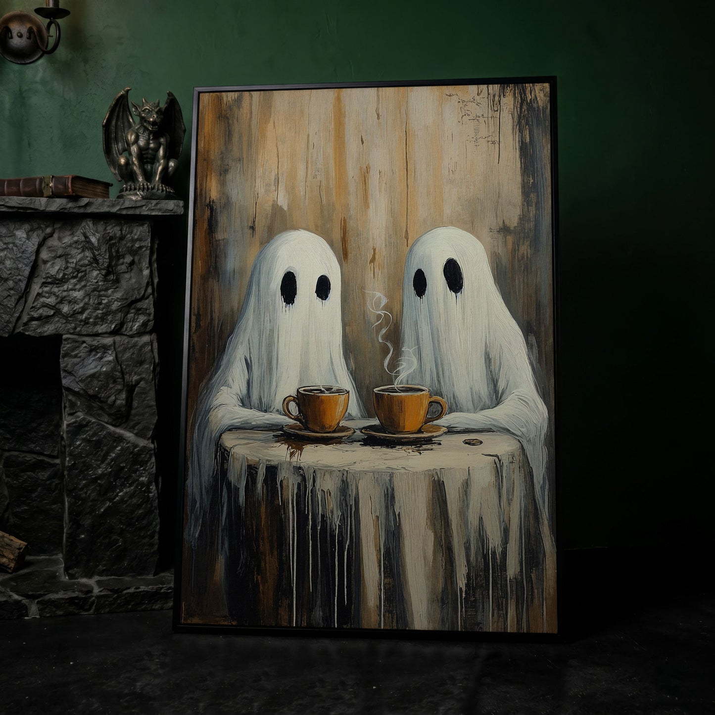 Two Ghosts Having Coffee. Whimsical Halloween Canvas Art in black floating frame