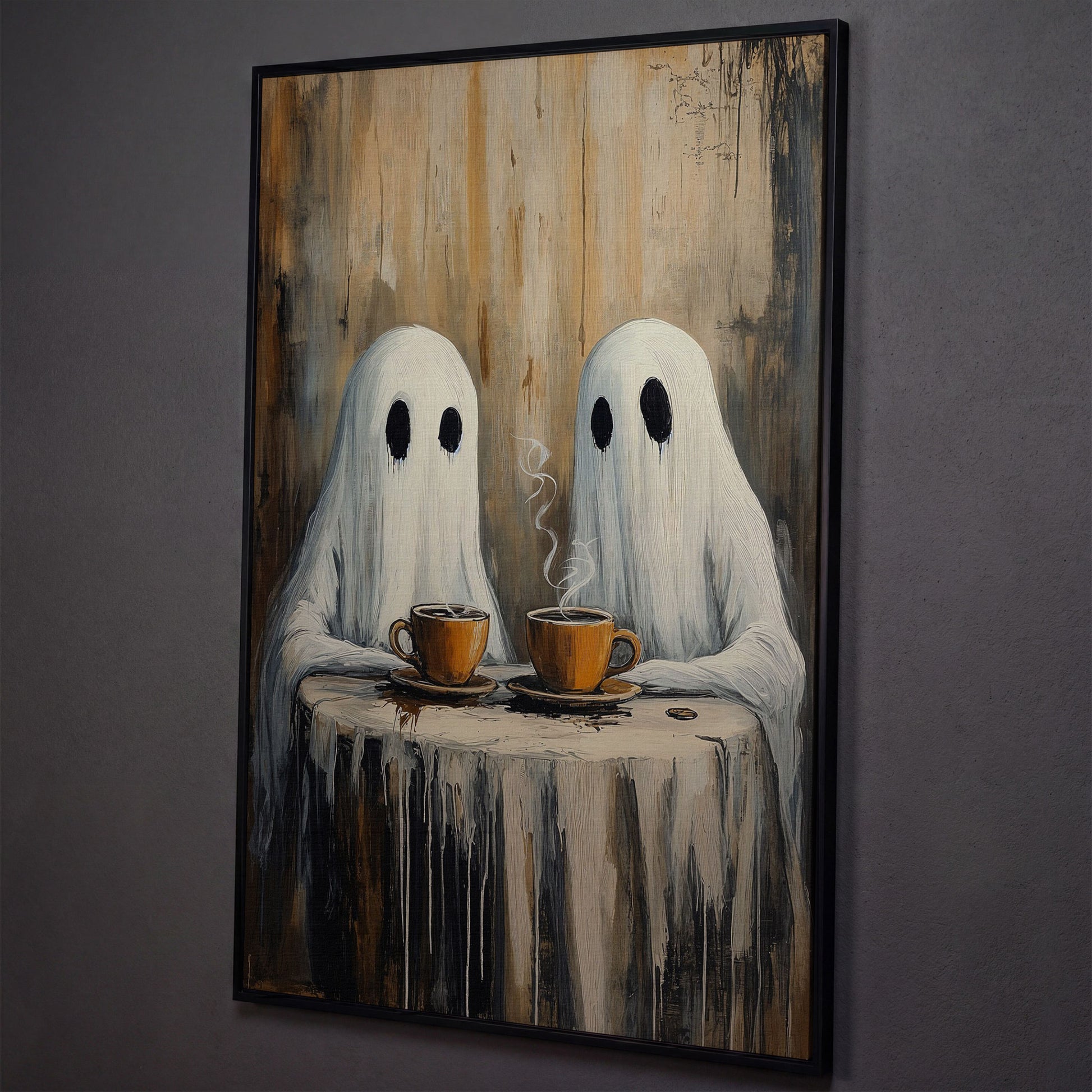 Two Ghosts Having Coffee. Whimsical Halloween Canvas Art shown in black floating frame