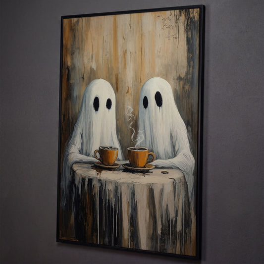 Two Ghosts Having Coffee. Whimsical Halloween Canvas Art shown in black floating frame
