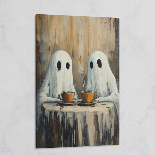 Two Ghosts Having Coffee. Whimsical Halloween Canvas Art on gallery wrap