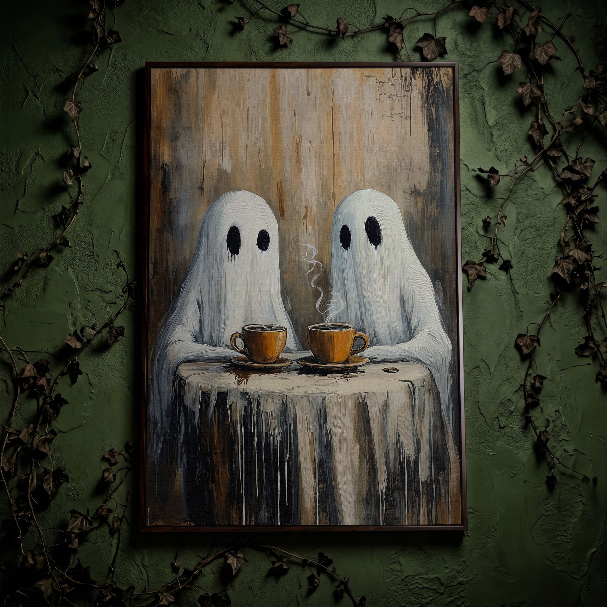 Two Ghosts Having Coffee. Whimsical Halloween Canvas Art in dark walnut floating frame