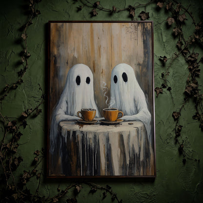 Two Ghosts Having Coffee. Whimsical Halloween Canvas Art in dark walnut floating frame