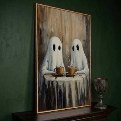 Two Ghosts Having Coffee. Whimsical Halloween Canvas Art in white oak floating frame