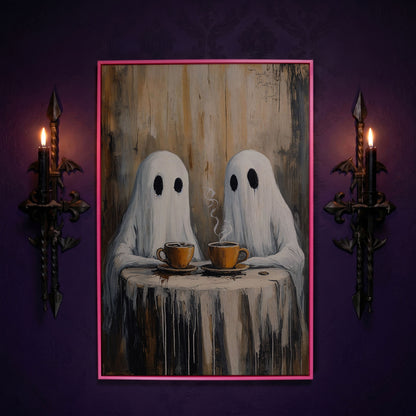 Two Ghosts Having Coffee. Whimsical Halloween Canvas Art in pink floating frame
