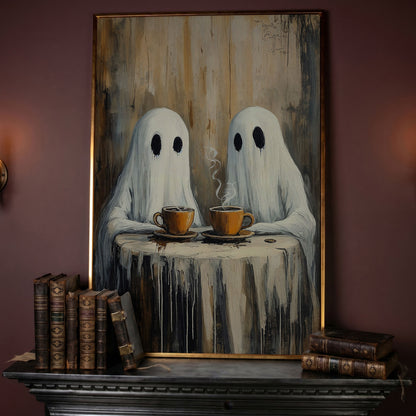 Two Ghosts Having Coffee. Whimsical Halloween Canvas Art in rose gold floating frame