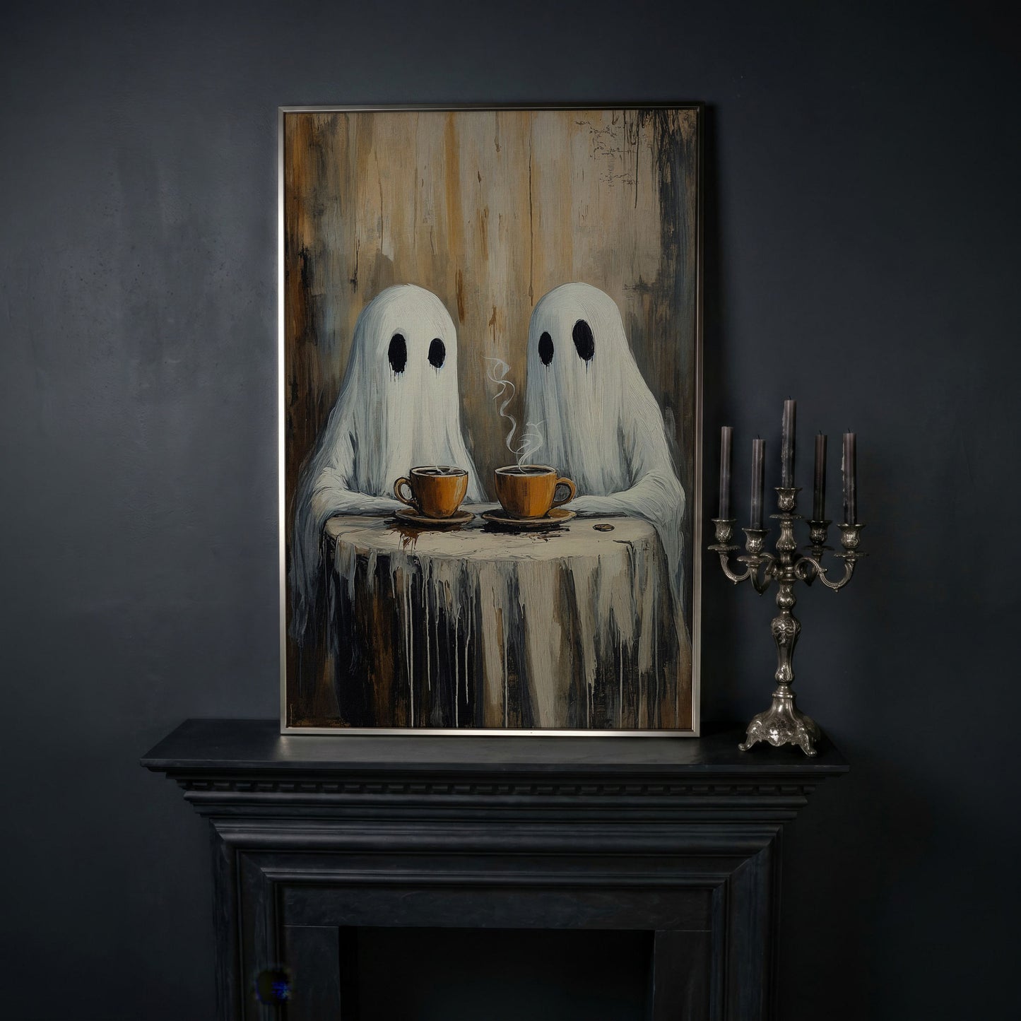 Two Ghosts Having Coffee. Whimsical Halloween Canvas Art in silver floating frame