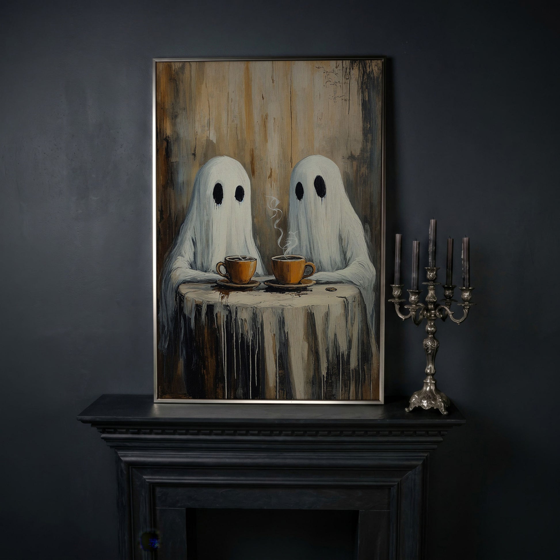 Two Ghosts Having Coffee. Whimsical Halloween Canvas Art in silver floating frame