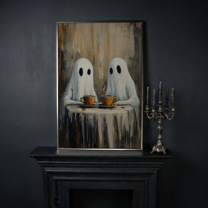 Two Ghosts Having Coffee. Whimsical Halloween Canvas Art in silver floating frame