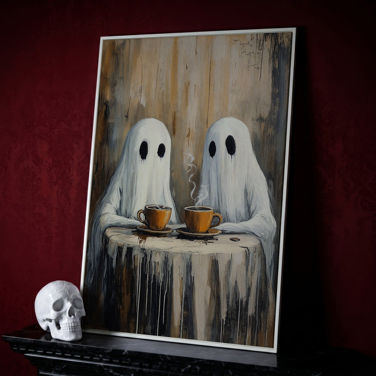 Two Ghosts Having Coffee. Whimsical Halloween Canvas Art in white floating frame