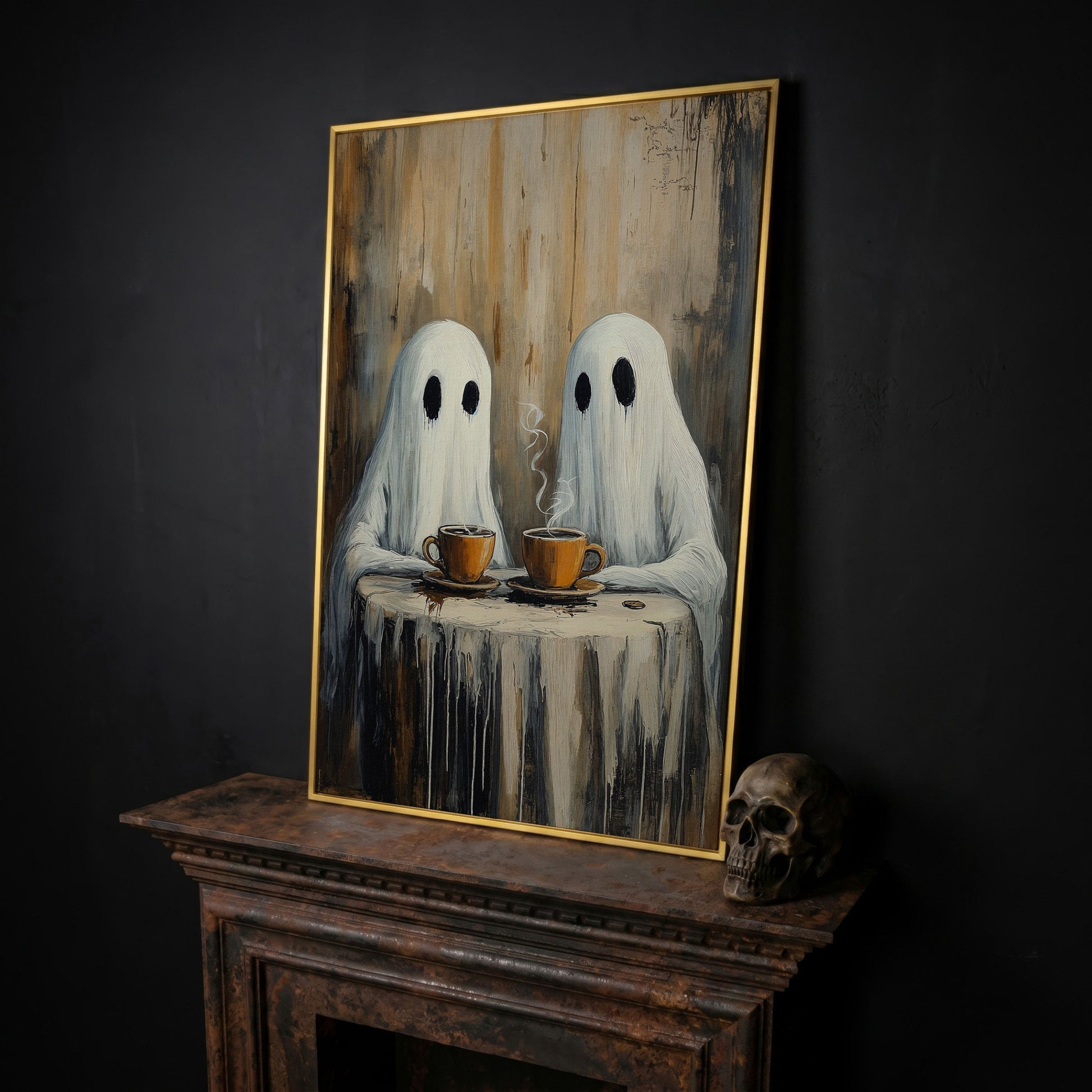 Two Ghosts Having Coffee. Whimsical Halloween Canvas Art in yellow gold floating frame