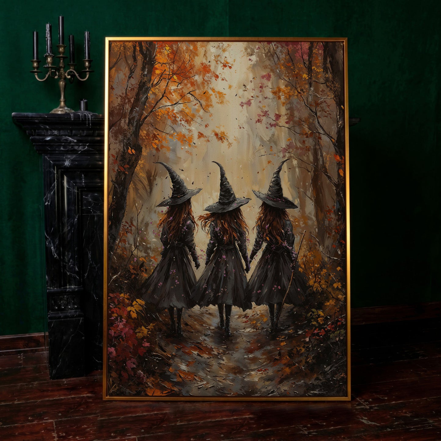 Witches in Autumn Forest Canvas in antique gold floating frame