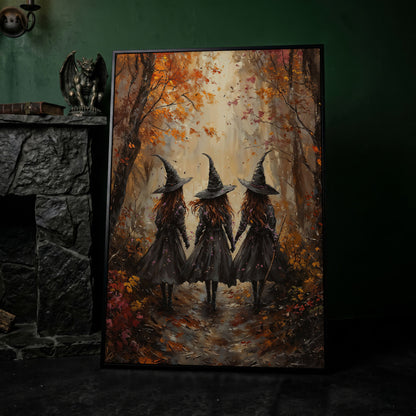 Witches in Autumn Forest Canvas in black floating frame