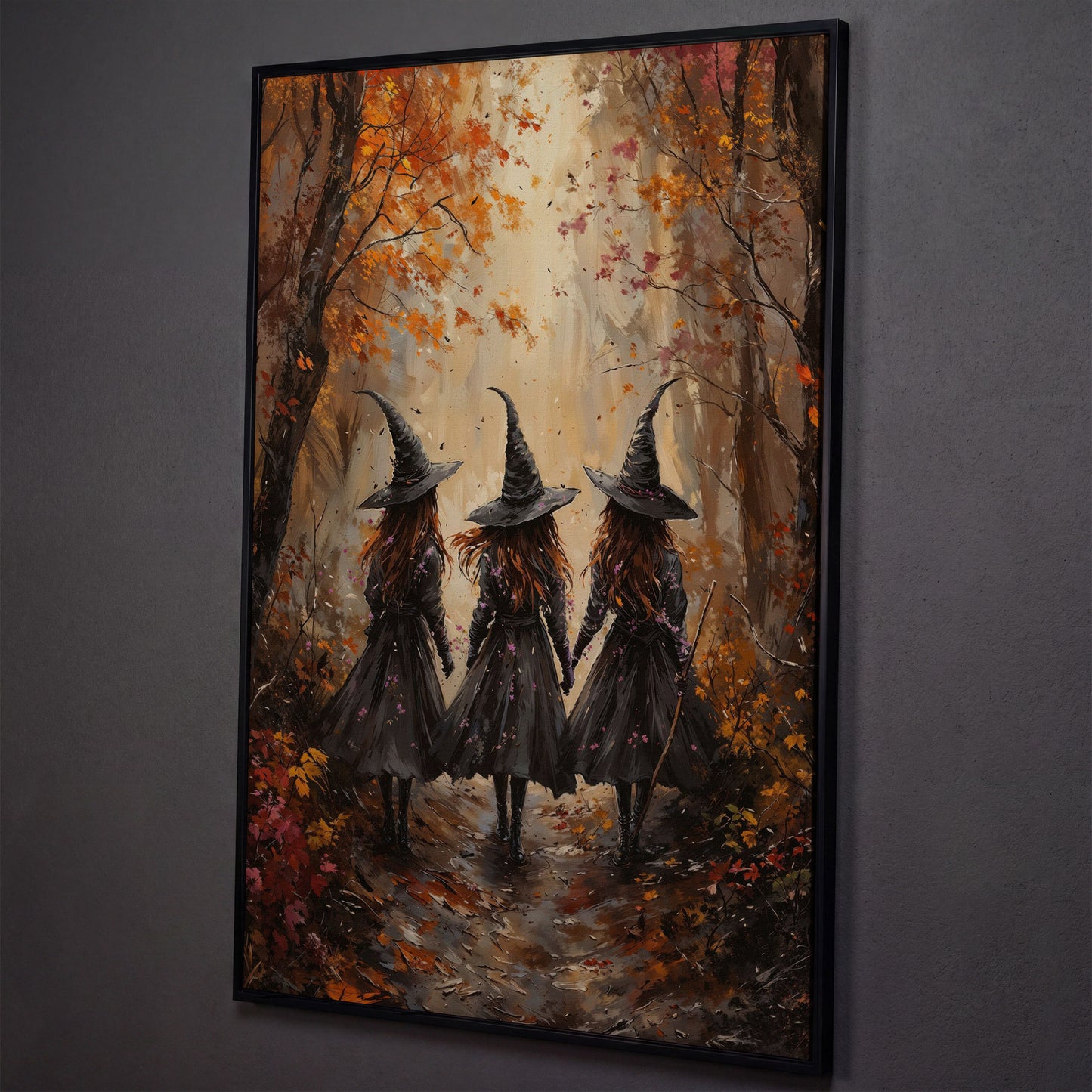 Witches in Autumn Forest Canvas shown in black floating frame