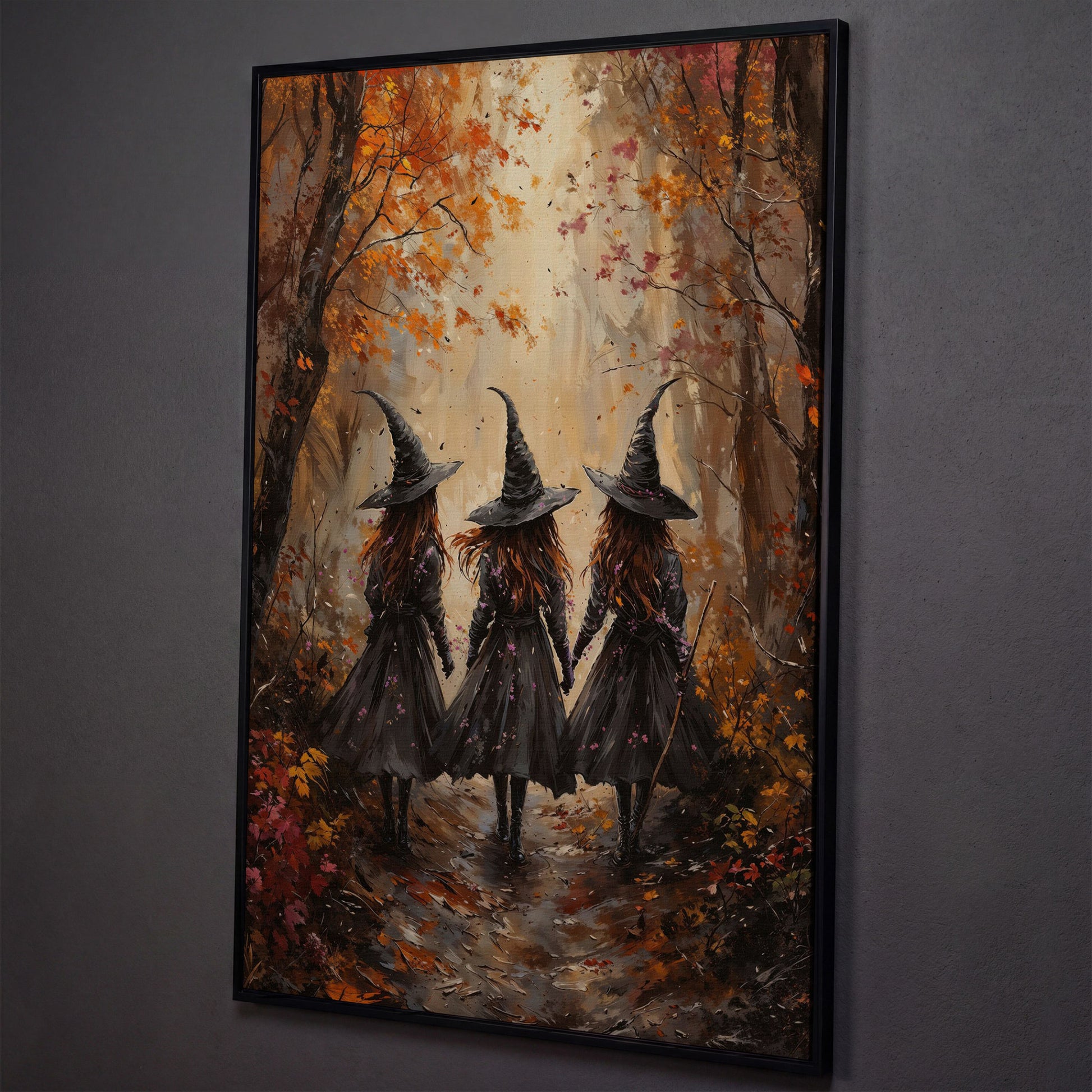 Witches in Autumn Forest Canvas shown in black floating frame