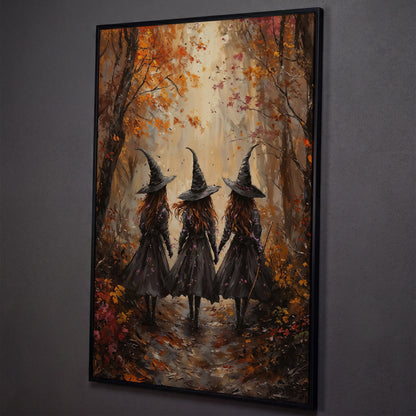 Witches in Autumn Forest Canvas shown in black floating frame