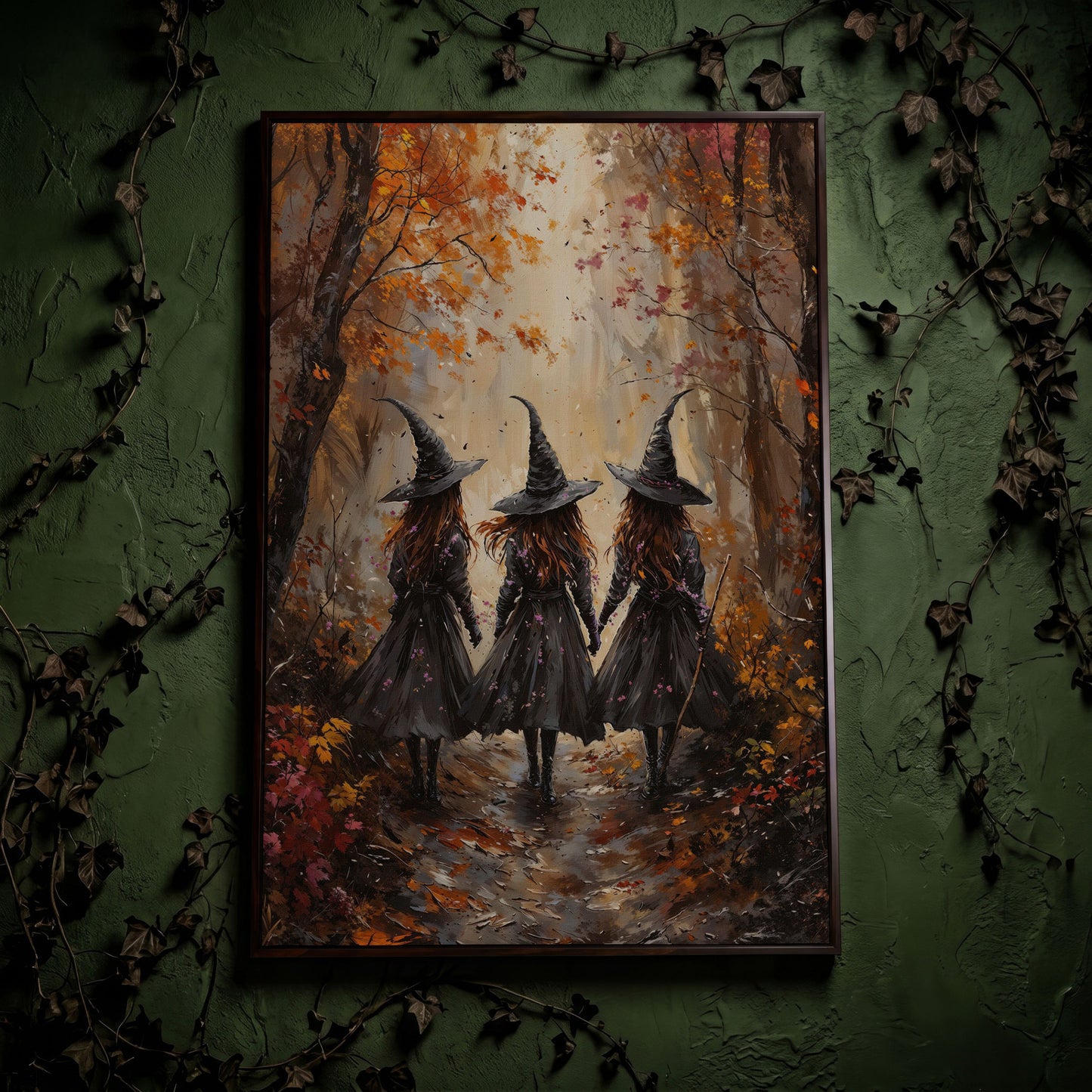 Witches in Autumn Forest Canvas in dark walnut floating frame