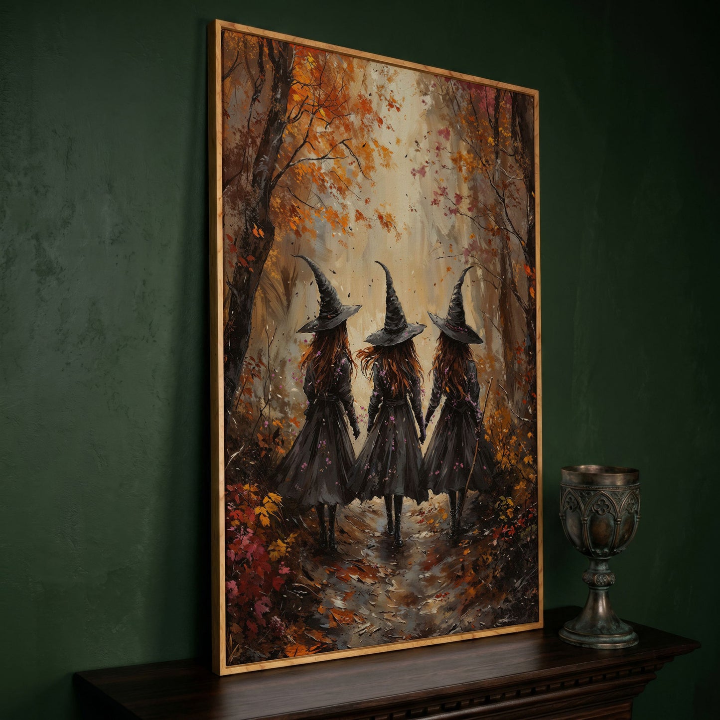 Witches in Autumn Forest Canvas in white oak floating frame