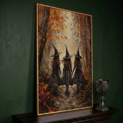 Witches in Autumn Forest Canvas in white oak floating frame