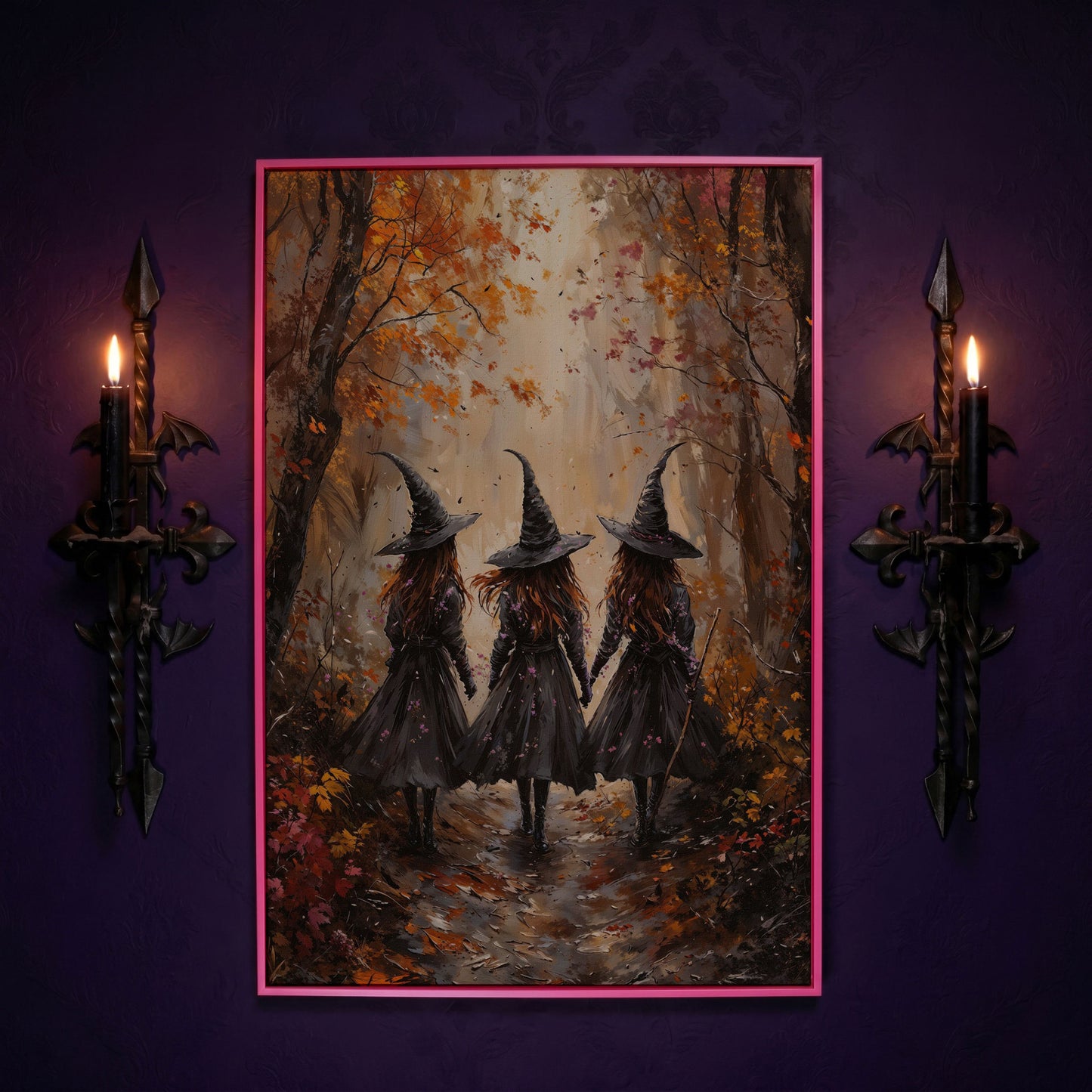 Witches in Autumn Forest Canvas in pink floating frame