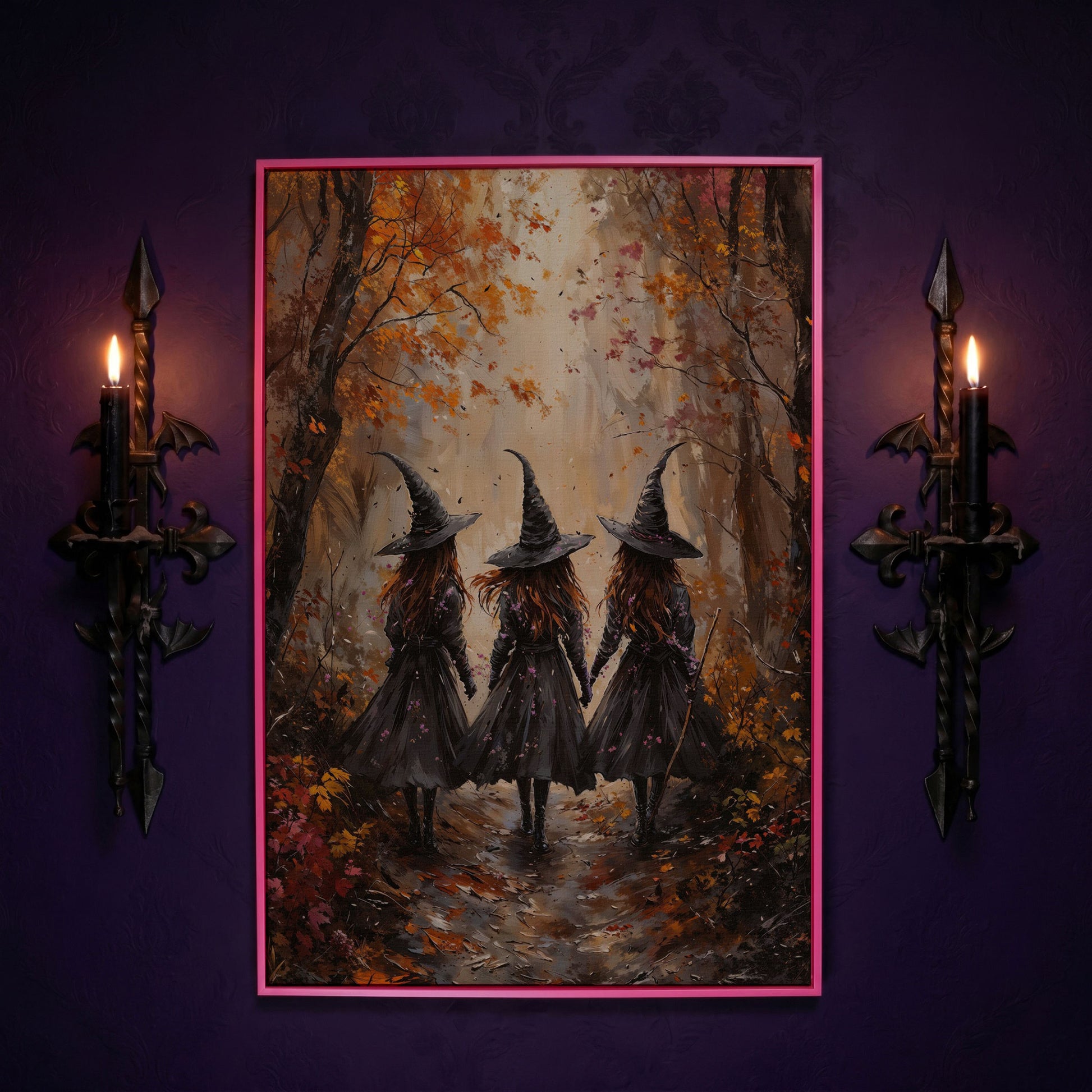 Witches in Autumn Forest Canvas in pink floating frame