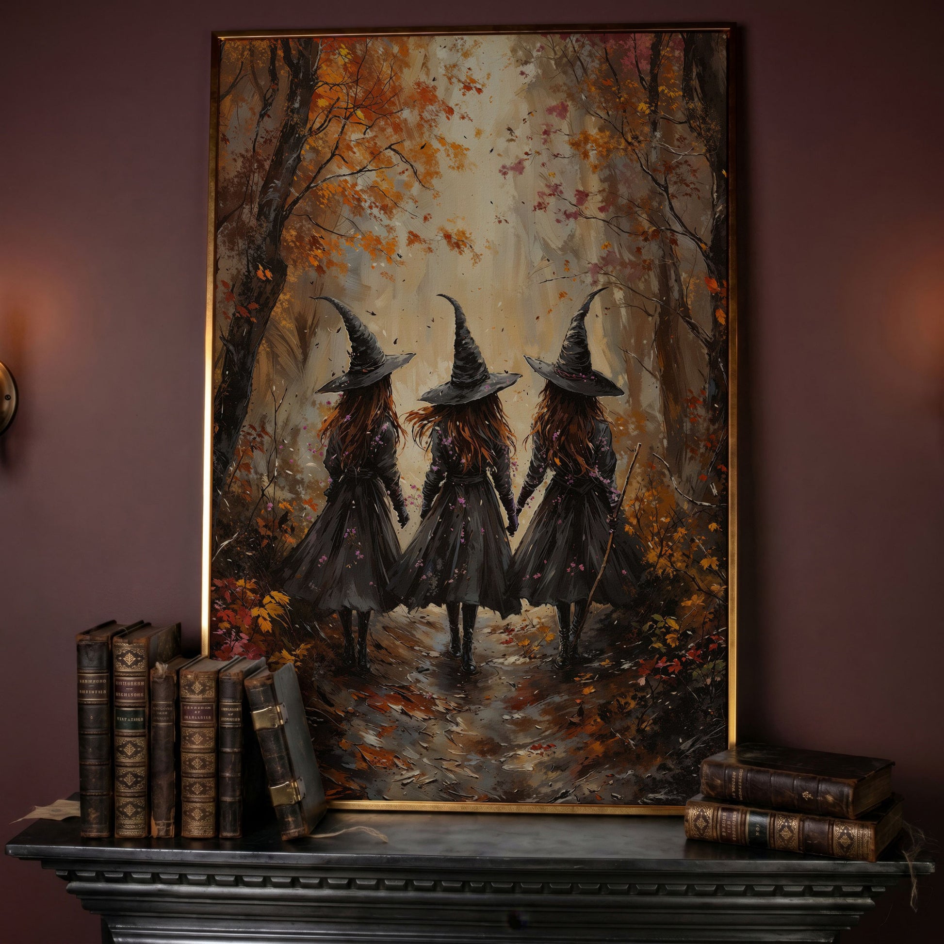 Witches in Autumn Forest Canvas in rose gold floating frame