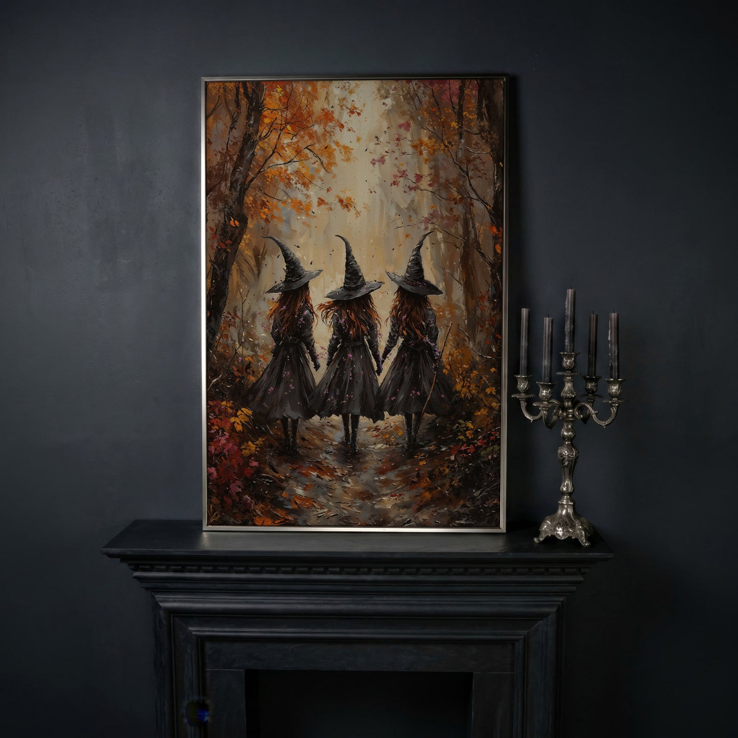 Witches in Autumn Forest Canvas in silver floating frame