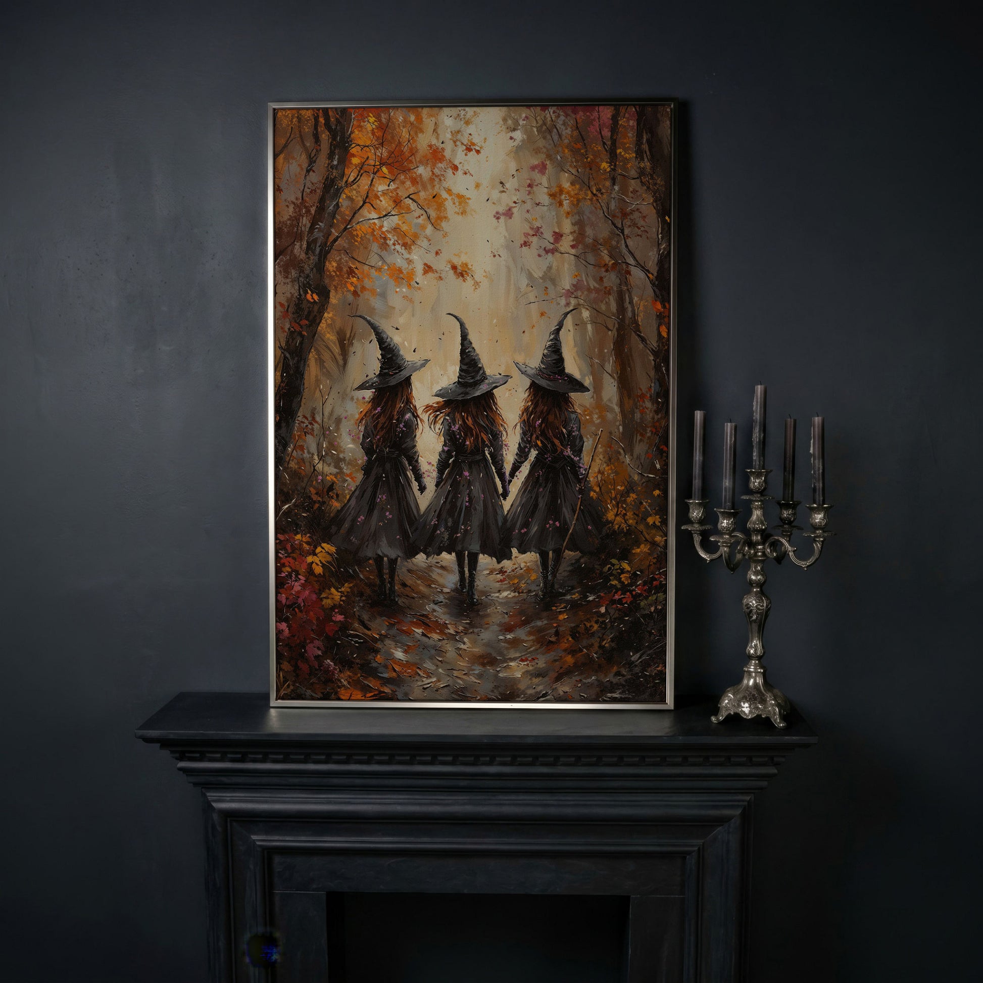 Witches in Autumn Forest Canvas in silver floating frame
