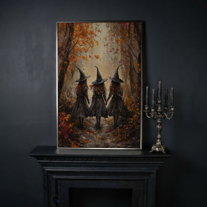 Witches in Autumn Forest Canvas in silver floating frame
