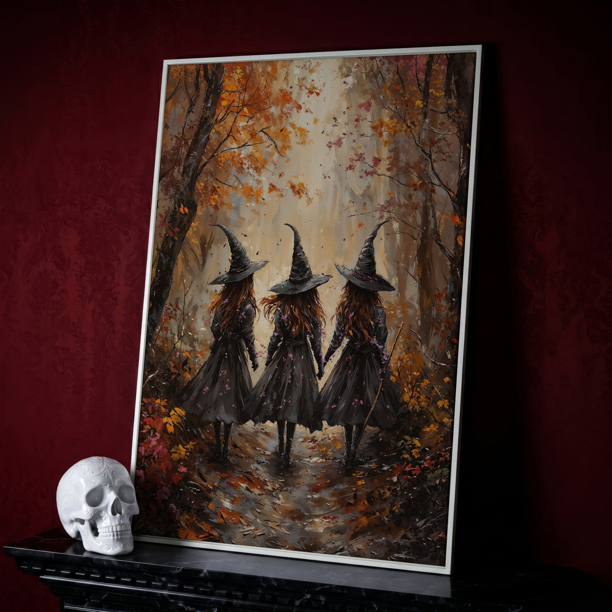 Witches in Autumn Forest Canvas in white floating frame