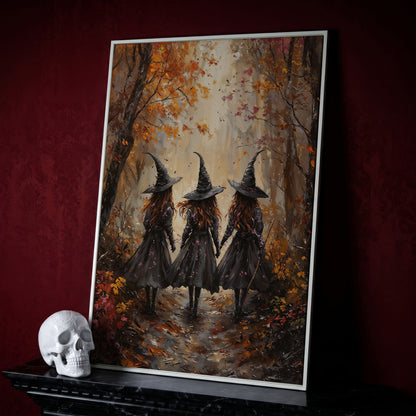 Witches in Autumn Forest Canvas in white floating frame