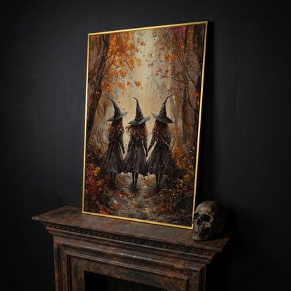 Witches in Autumn Forest Canvas in yellow gold floating frame