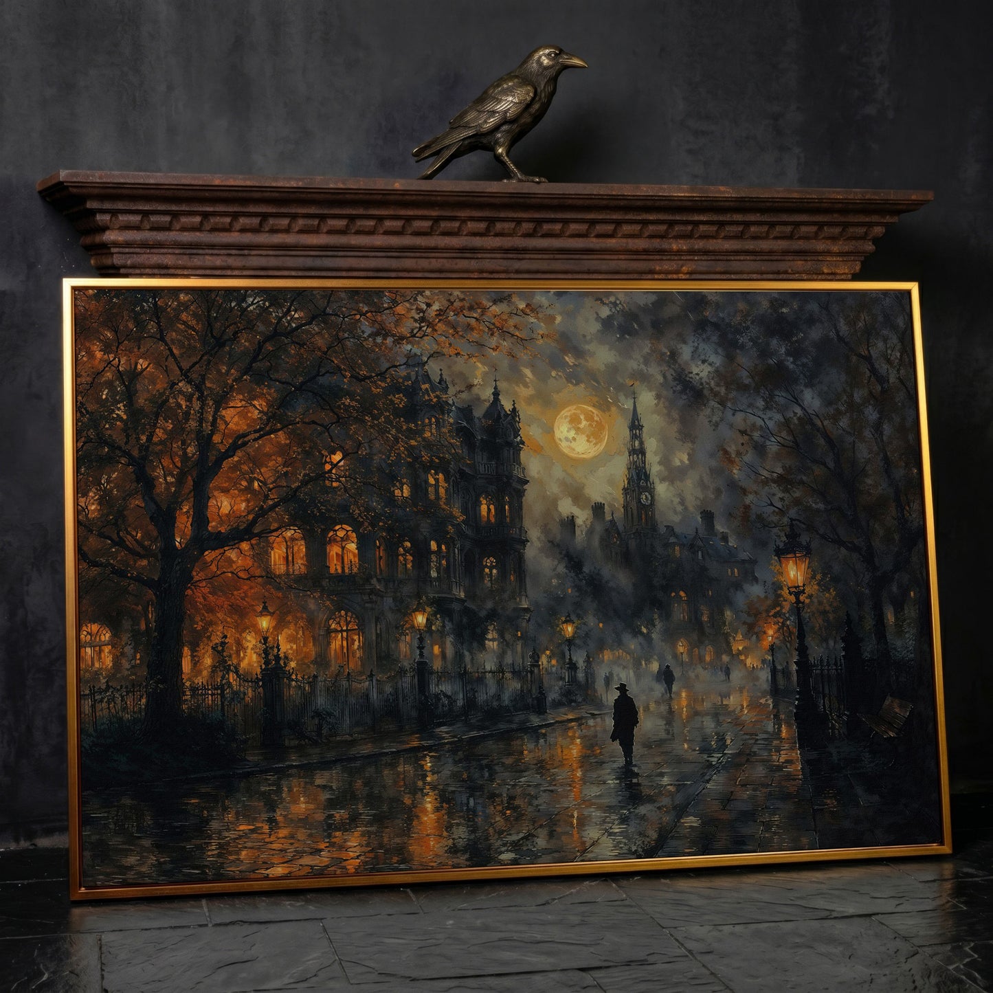 Moonlit Gothic Victorian Street Scene Canvas Wall Art in antique gold floating frame
