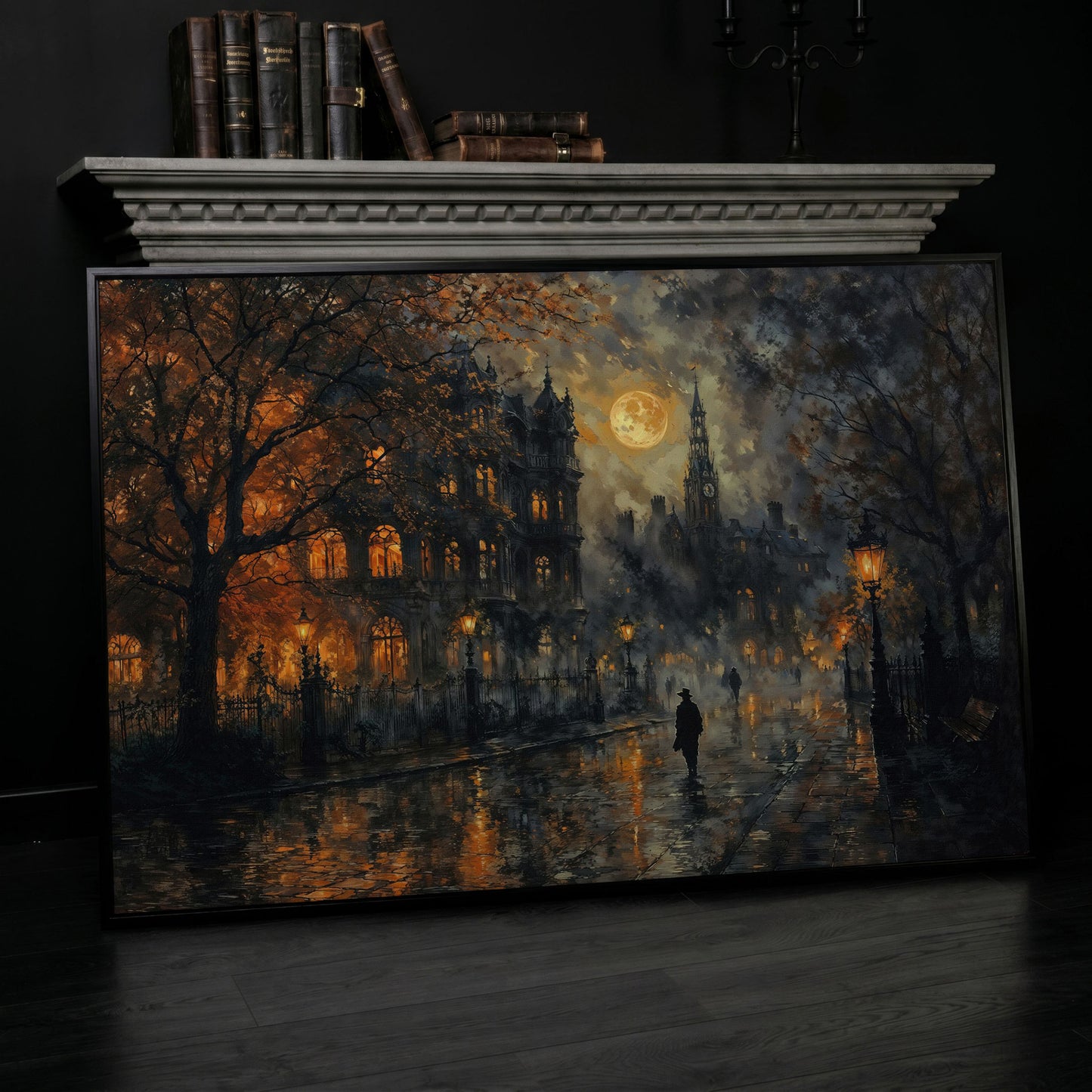 Moonlit Gothic Victorian Street Scene Canvas Wall Art in black floating frame
