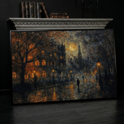 Moonlit Gothic Victorian Street Scene Canvas Wall Art in black floating frame