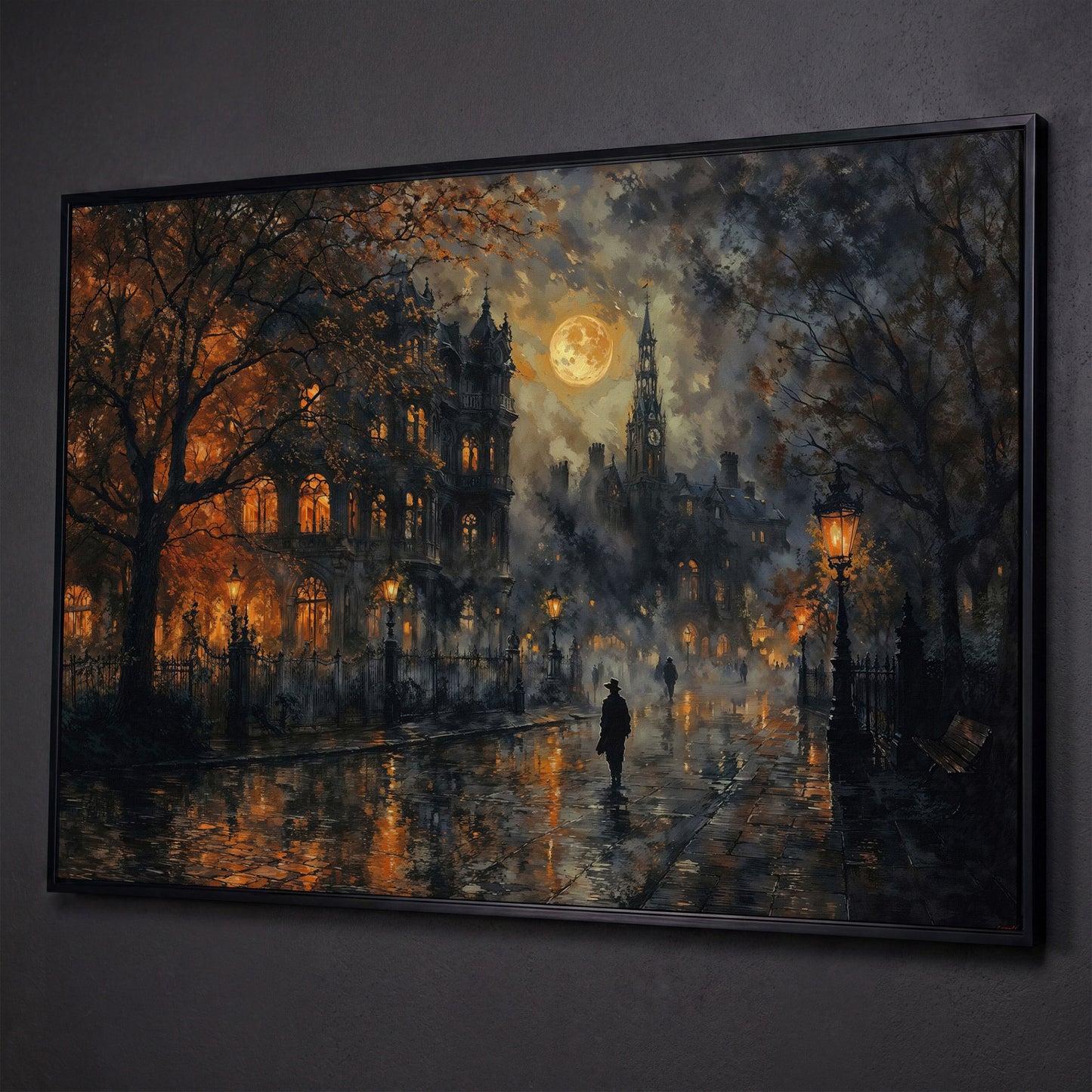 Moonlit Gothic Victorian Street Scene Canvas Wall Art shown in black floating frame