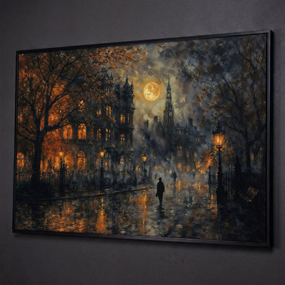 Moonlit Gothic Victorian Street Scene Canvas Wall Art shown in black floating frame