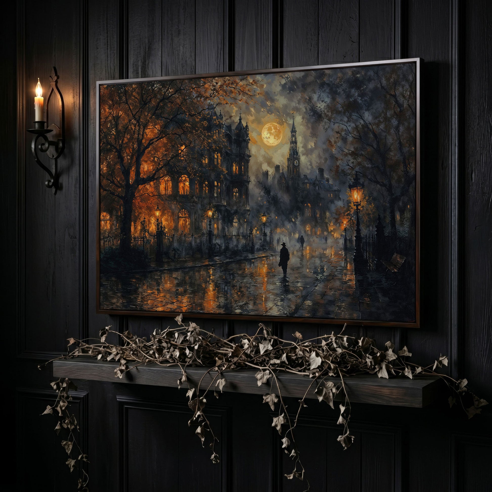 Moonlit Gothic Victorian Street Scene Canvas Wall Art in dark walnut floating frame