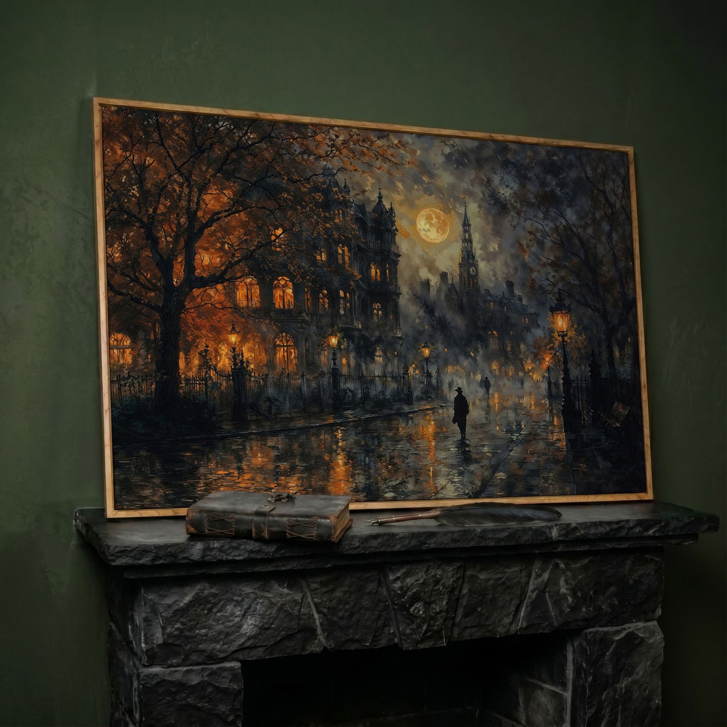 Moonlit Gothic Victorian Street Scene Canvas Wall Art in white oak floating frame