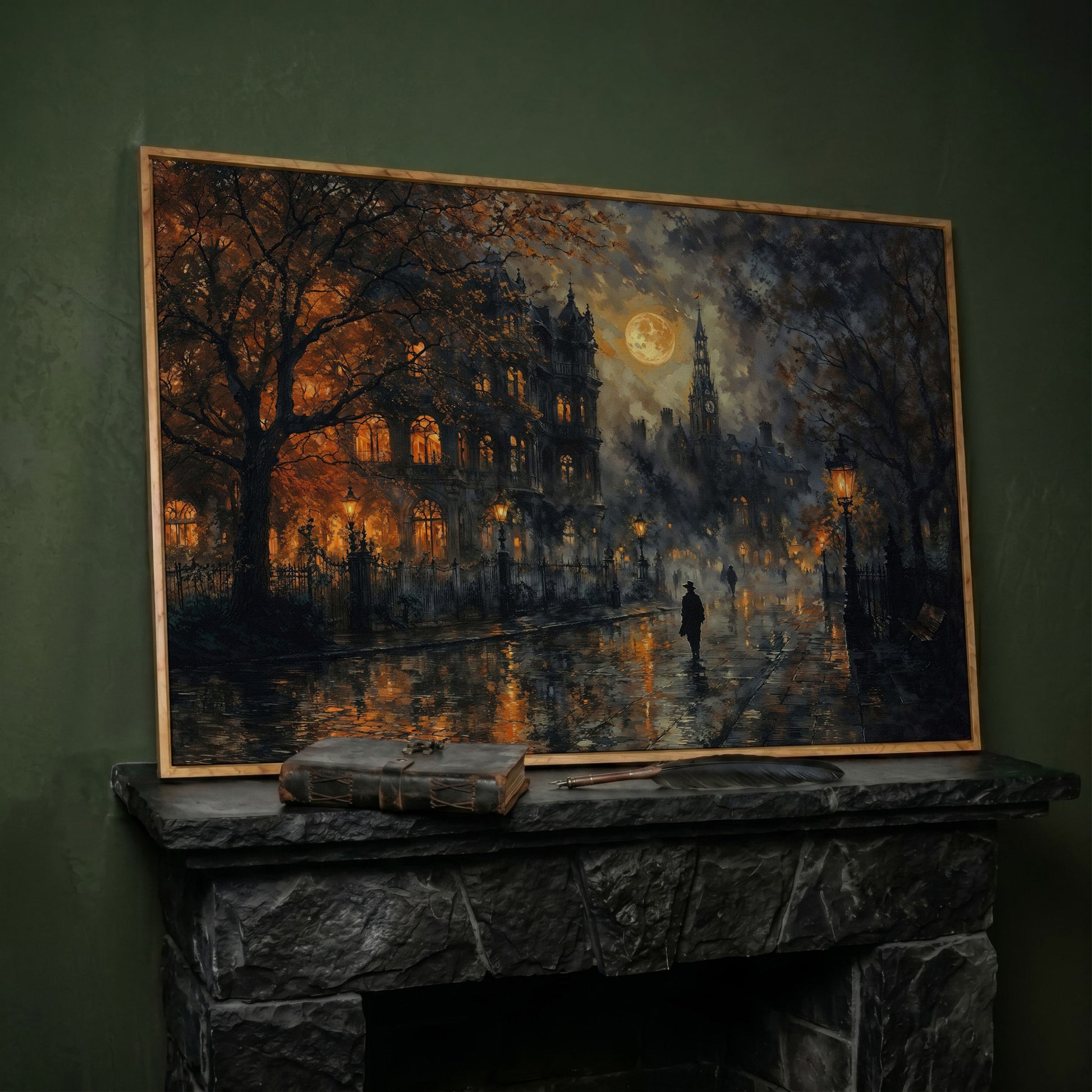 Moonlit Gothic Victorian Street Scene Canvas Wall Art in white oak floating frame