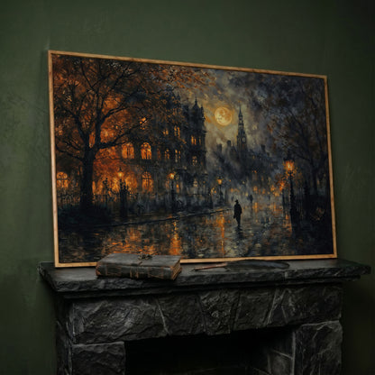 Moonlit Gothic Victorian Street Scene Canvas Wall Art in white oak floating frame